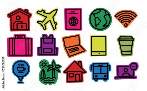 A vibrant icon sheet illustrating the lifestyle of digital nomads and remote workers. Ideal for websites,  and marketing materials about digital nomads, online business, and and remote working culture