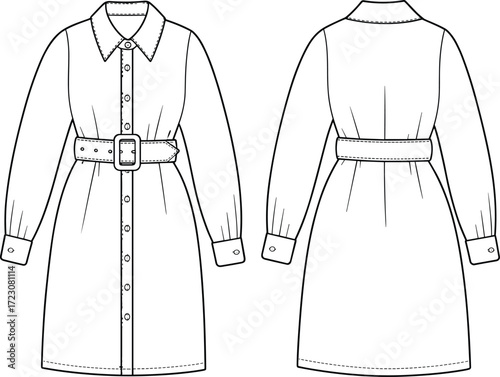 Fashion illustration belted shirt dress front back view, technical flat sketch, long sleeve buttoned cuffs, waist belt buckle design garment