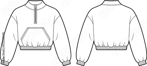Long sleeve pullover, half zip sweatshirt, kangaroo pocket hoodie, ribbed cuffs hem, casual fashion garment, technical flat sketch, apparel design illustration