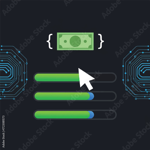 A white computer mouse cursor hovers over three green loading bars with a dollar bill and circuit board graphics on a dark background, conveying a Cyber Monday sales concept with a