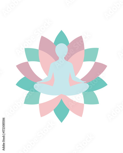 Silhouette of a person meditating in a lotus position on a stylized lotus flower