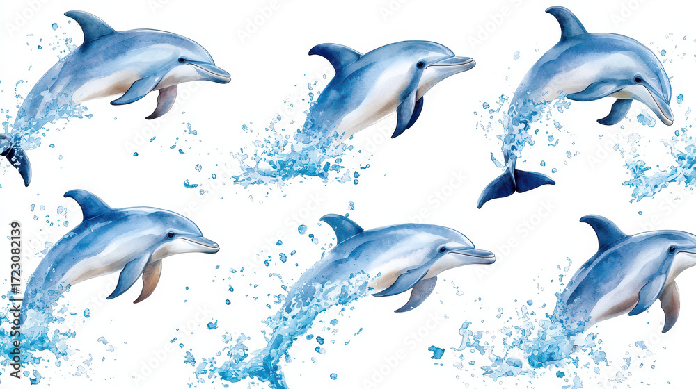 Fototapeta premium Playful watercolor illustration of dolphins jumping through splashes of water, showcasing their grace and beauty in vibrant aquatic scene