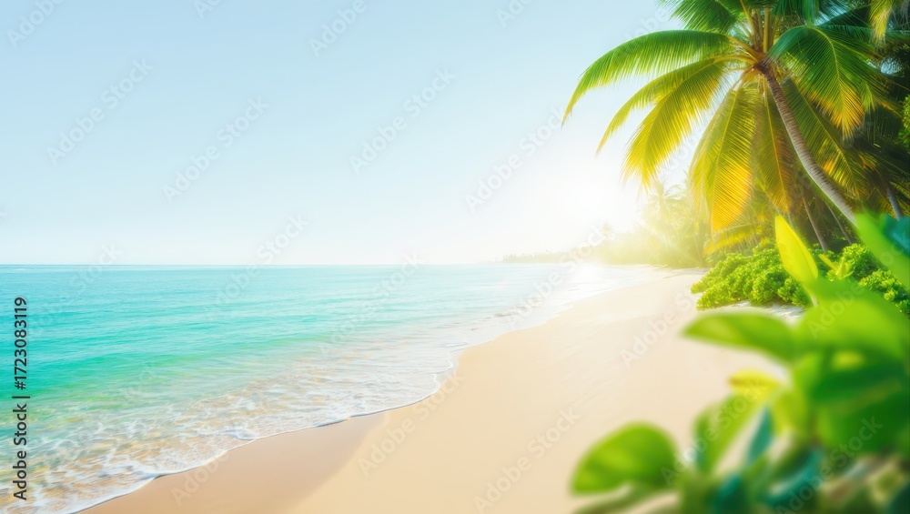 Fototapeta premium Idyllic tropical beach with turquoise water, white sand, and lush palm trees under a bright sun, creating a serene and inviting vacation destination