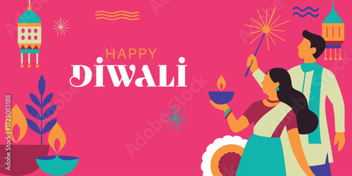 Happy Diwali festival of lights colorful minimal poster template design with decorative diya lamp. vector illustration. Indian festival of lights Happy Diwali, holiday Background in flat style.
