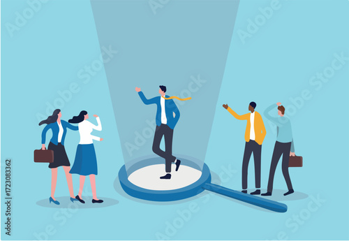 Chosen candidate, winning applicant to get new job, HR or human resources, hire outstanding candidate, employment and recruitment concept, outstanding businessman on magnifying glass among applicants