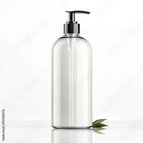 Modern clear pump bottle with black dispenser, ideal for cosmetic, skincare, or hygiene liquids. Fresh green leaves on clean white background emphasize natural purity