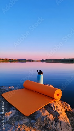 Yoga mat and water bottle by lake for outdoor yoga and fitness wellness retreat at sunrise or sunset