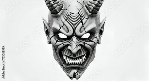 Sinister black and white illustration of a menacing horned demon mask with glowing eyes and a fearsome grin