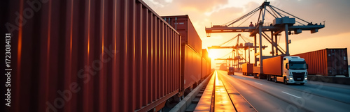 shot cargo container unloaded ship dusk golden light illuminating bustling shipyard scene amidst