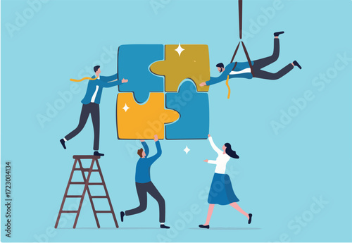 Collaboration work together to solve problem, teamwork unite together to achieve success, connected people or community help finding solution concept, business people team succeed solve jigsaw puzzle.