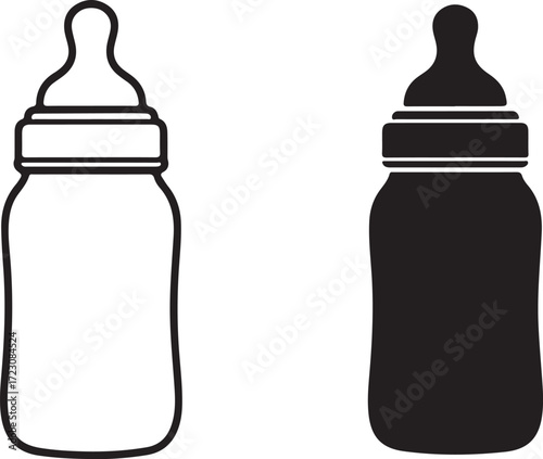 Illustration of two baby bottles, one outlined and one solid black, isolated on white background
