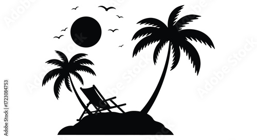 Tropical beach scene with palm trees sun chair and birds silhouette