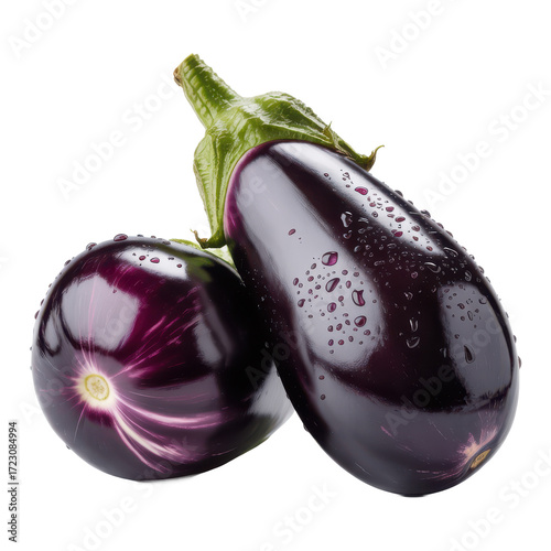 Two glossy dark purple eggplants with water droplets glistening on their smooth skin isolated on transparent background