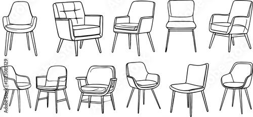 Vector illustration of modern chair line art set with minimalist furniture outline perfect for interior design home decor catalog and contemporary lifestyle concept