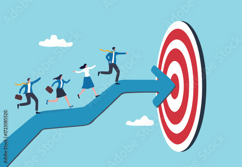 Team target or achievement, teamwork or leadership to lead to achieve goal, business direction or success, career path or growth concept, business people coworkers walking up arrow to reach target