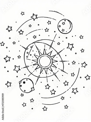 Minimilist stylized celestial scene featuring a sun, planets, stars, and cosmic orbits in a black and white design vector