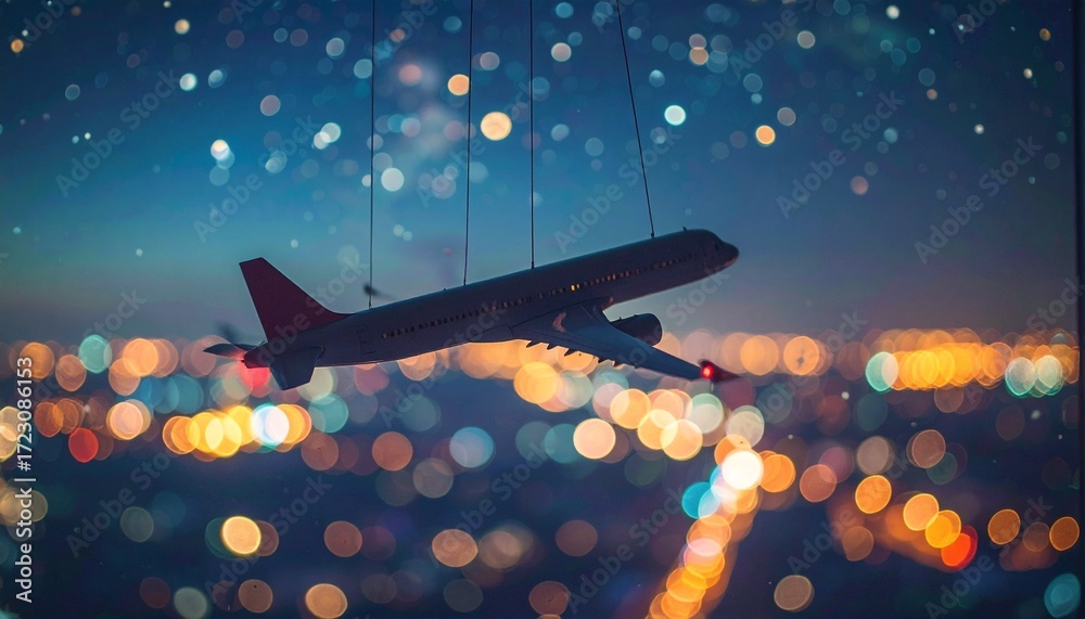 Naklejka premium Airplane toys model suspended against a night city lights bokeh background, featuring a red tail and illuminated cabin windows in a dreamy, moody atmosphere.