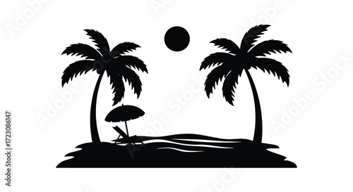 Tropical island scene with palm trees sun and beach chair silhouette
