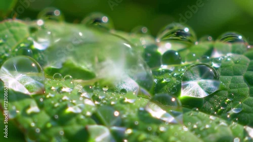Wallpaper Mural A stunning macro close up video of crystal clear water droplets from morning dew or rain resting on the textured surface of a vibrant green leaf. Torontodigital.ca