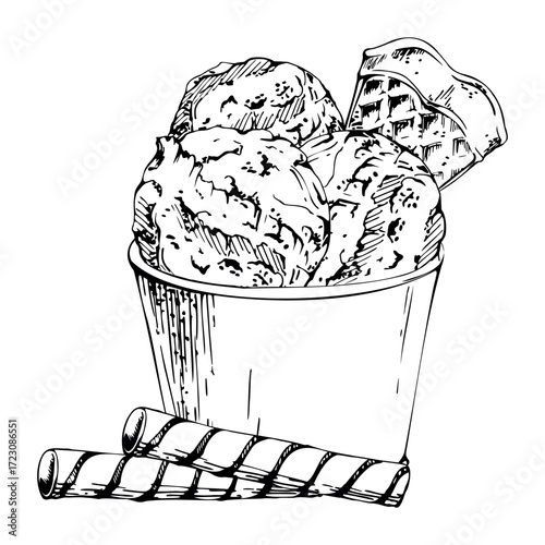 Creamy gelato or sorbet ball scoops in eco-friendly paper cup with waffle wafer roll. Vector graphic illustration hand drawn in pen and ink. Sweet snack icon, artisan treat branding, DIY stationery