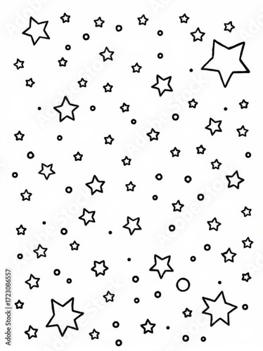 Minimilist a simple black and white pattern featuring various sized stars and small circles scattered randomly around the page vector