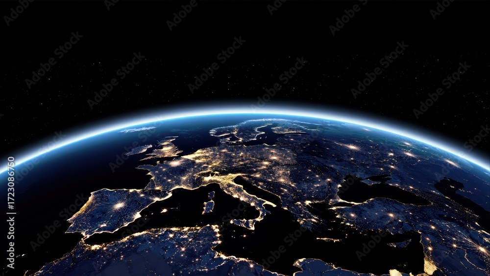 Fototapeta premium View of europe from space at night, showing city lights illuminating the continent against the darkness of space with the earths atmosphere glowing