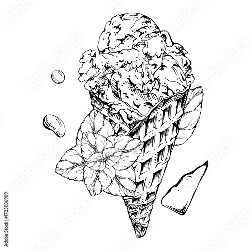 Ice cream scoops in crisp waffle cone topped with speckled mint and chocolate chips bits, syrup sprinkle. graphic illustration hand drawn in vector ink. Organic label, recipe art, frozen product tag