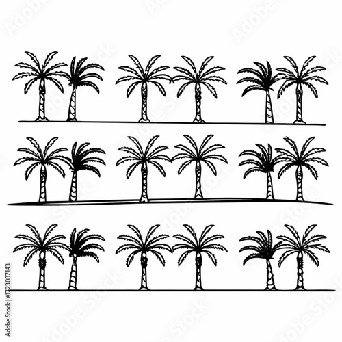 Minimilist palm trees arranged in three rows with varying densities and slight stylistic differences present here vector