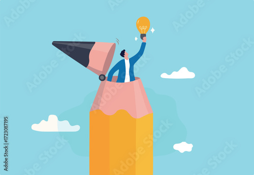 Creative idea, inspiration or imagination to think about new idea, creativity, knowledge learning or writing content concept, young creative man open pencil top discover new lightbulb idea