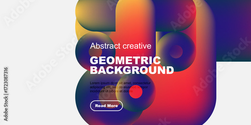 Vibrant overlapping shapes create modern design. Text promotes further exploration, simple layout.