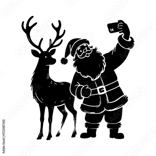 Santa Claus taking a selfie with a reindeer in a festive silhouette style on a white background, representing joyful holiday celebration