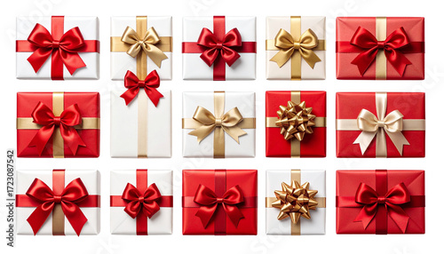  Elegant Holiday Gift Collection in Red and White with Gold and Red Bows, Transparent PNG