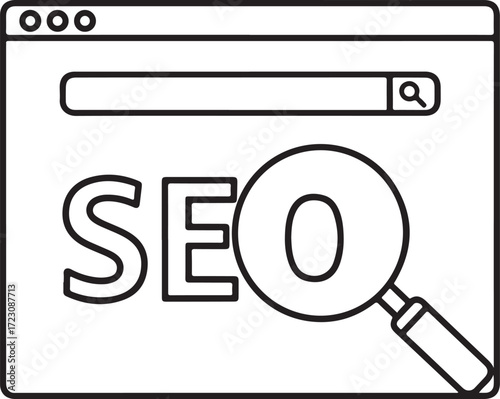 Illustration of seo search engine optimization concept with magnifying glass icon