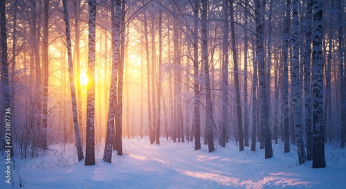 Golden sunlit snow covered birch forest winter birch trees