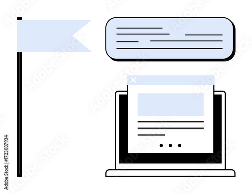 Desktop screen with webpage layout, floating notification box, and flag banner. Ideal for communication, technology, web design, notifications, content creation branding minimalism. Simple flat