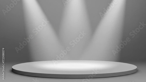 Gray background with a round platform, illuminated by three spotlights above it