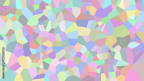 A vibrant mosaic of interlocking, pastel-colored polygons creates a gentle and modern abstract crystalline pattern. Vector Patterns