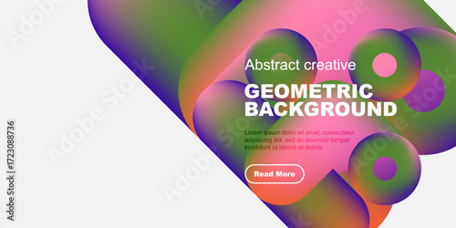 Vibrant abstract shapes overlap white space. Text details geometric background, includes read more button. Modern design elements present.