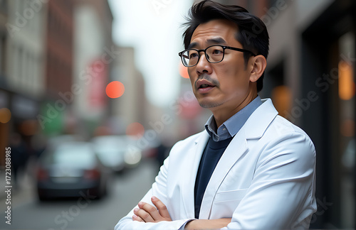 bespectacled japanese man crisp white coat stands confidently speaking emphasis soft focus studio lighting