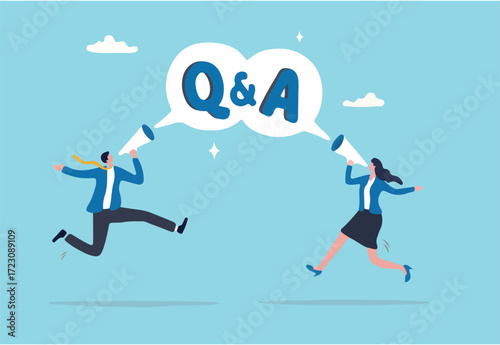 Q&A, question and answer session, FAQ or frequently asked questions, information to solve problem concept, businessman and woman shouting on megaphone as Q&A on speech bubble