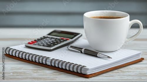 Morning Coffee Break: Calculator, Notebook, and Pen