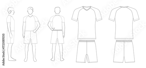 アパレルデザイン用テンプレートのベクター画像：男性のサッカーユニフォーム（Vネックラグランスリーブ） / Vector image of apparel design template: Men's soccer uniform (V-neck raglan sleeve)