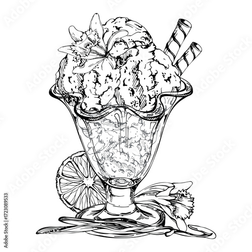 Ice cream gelato balls with orange slice, vanilla flowers seed pods, rolled wafer sticks in glass sundae tulip bowl. graphic illustration hand drawn in vector ink. Natural food wrap, product visual