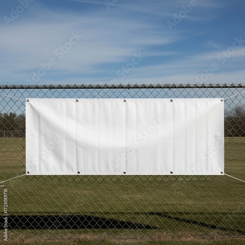 Blank White Advertising Banner Mockup Template Displayed on a Chain Link Fence Outdoors Under Blue Sky