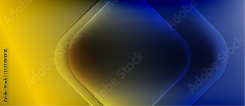Abstract design features yellow, blue hues. Central dark shape creates depth, contrast. Smooth gradients define layered forms. Modern aesthetic.