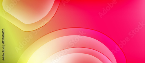 Abstract background features vibrant color gradients. Smooth curves blend yellow, orange, pink, red hues. Modern design element.