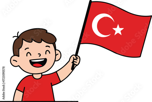 Joyful Cartoon Boy Enthusiastically Waving Turkish Flag