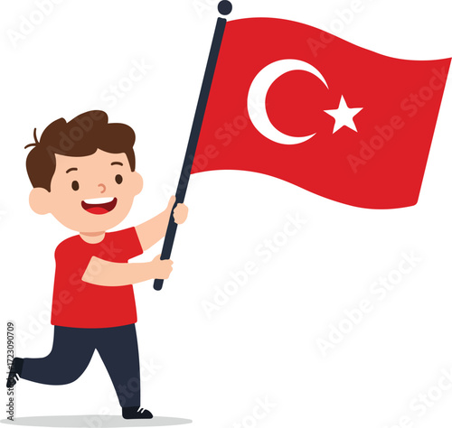 Happy Little Boy Waving Large Turkish Flag in Celebration