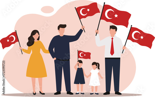 Turkish Community Group with Family Waving National Flags