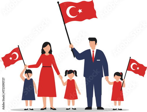 Elegant Turkish Family of Five Waving National Flags in Celebration


